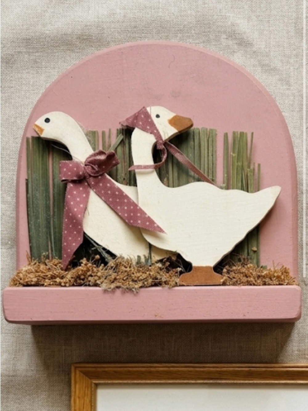 Handmade Rustic Wooden Goose Shelf Art in Pink and White